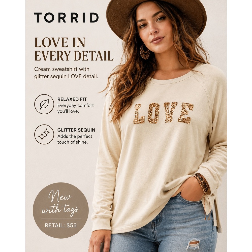 NEW Torrid Sweatshirt Cream Love Glitter Sequin Long Sleeve Crew Neck Size‎ 4